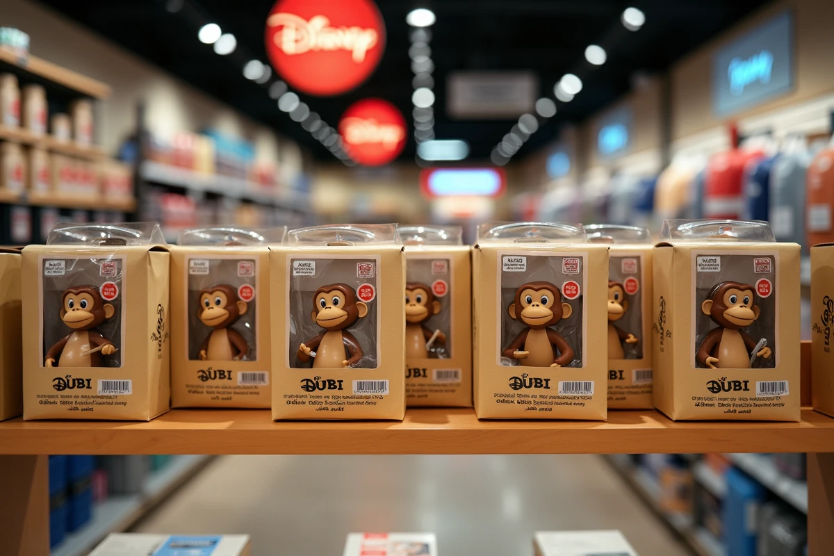 Rayon de produits officiels Abu Aladdin Disney en boutique avec emballages authentiques et logos de marque visibles