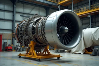 Réacteur d'avion turbofan en cours d'inspection sur un banc d'essai dans un hangar industriel