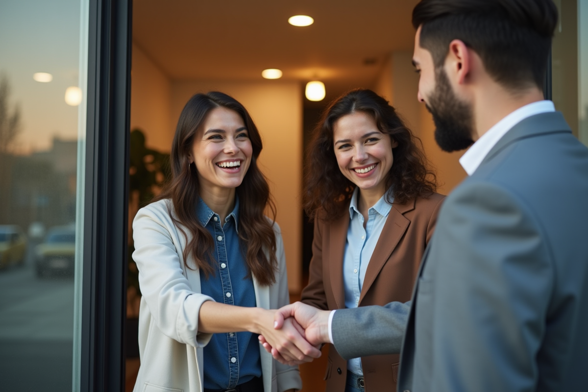 Agent immobilier remettant les clés à des locataires souriants