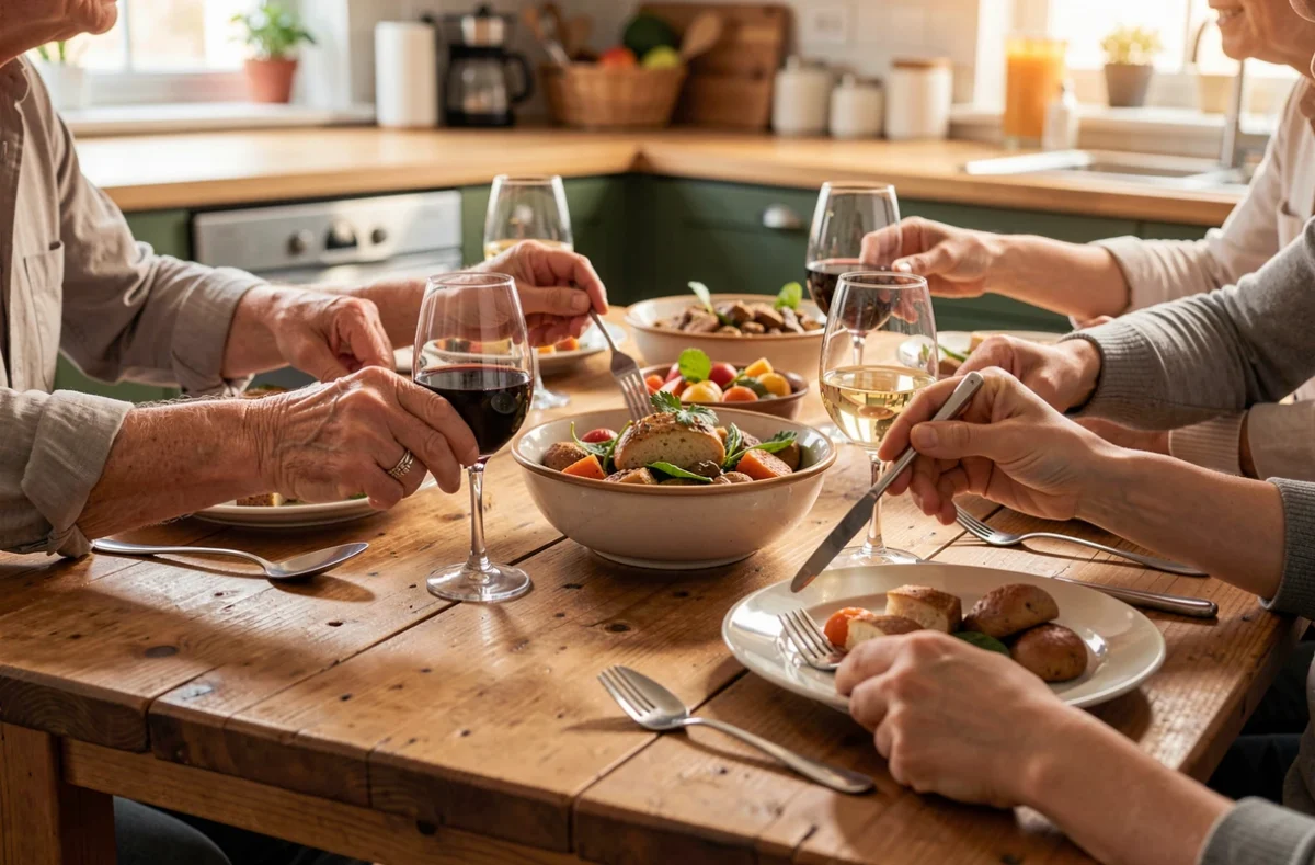Repas de famille réuni autour d'une table de cuisine