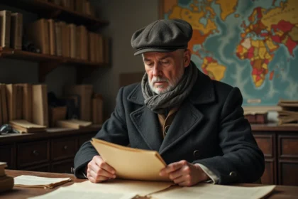 Homme norvegien des années 1940 examinant des documents secrets