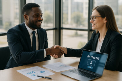 Photo hyperrealiste de deux professionnels en réunion dans un bureau moderne avec paiement digital