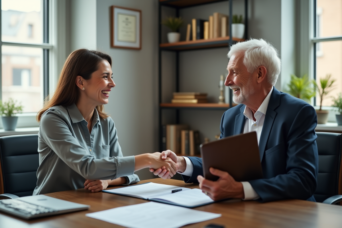 Homme et femme se serrant la main dans un bureau professionnel