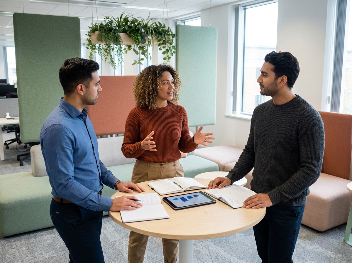 Groupe de professionnels en réunion informelle dans une salle de collaboration d'un espace de coworking avec panneaux acoustiques et jardin suspendu