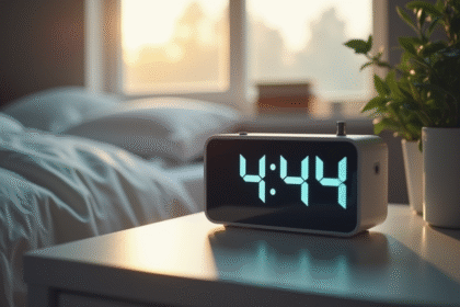 Réveil digital moderne sur table de nuit avec 4h44 du matin
