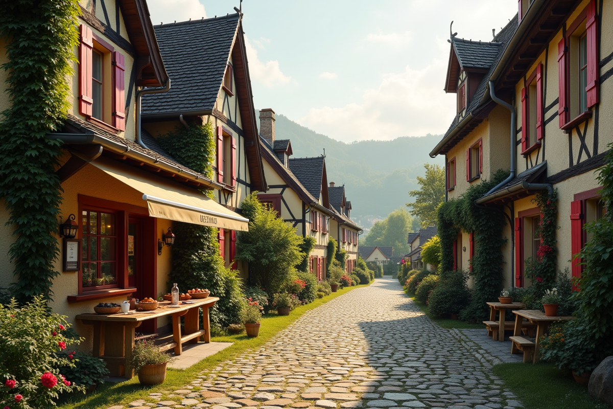 Rue de village français avec maisons à colombages et boulangerie
