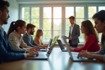 Salle de classe lumineuse à Reims avec enseignants et élèves utilisant des ordinateurs