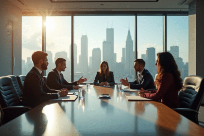 Salle de réunion moderne avec équipe en discussion