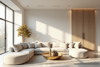 Salon moderne élégant avec mobilier minimaliste et accents dorés