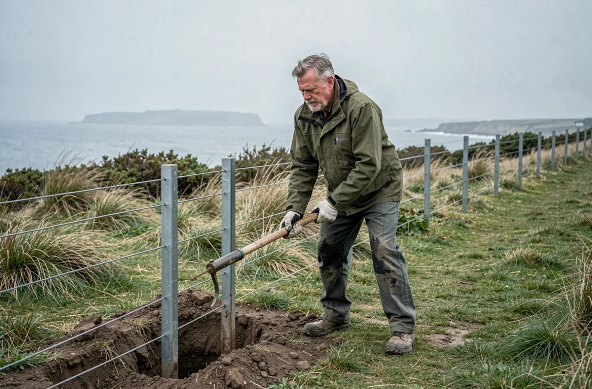 Poseur de clôtures de la SARL Les Clôtures de la Baie installant une clôture en bord de mer dans les Côtes-d'Armor