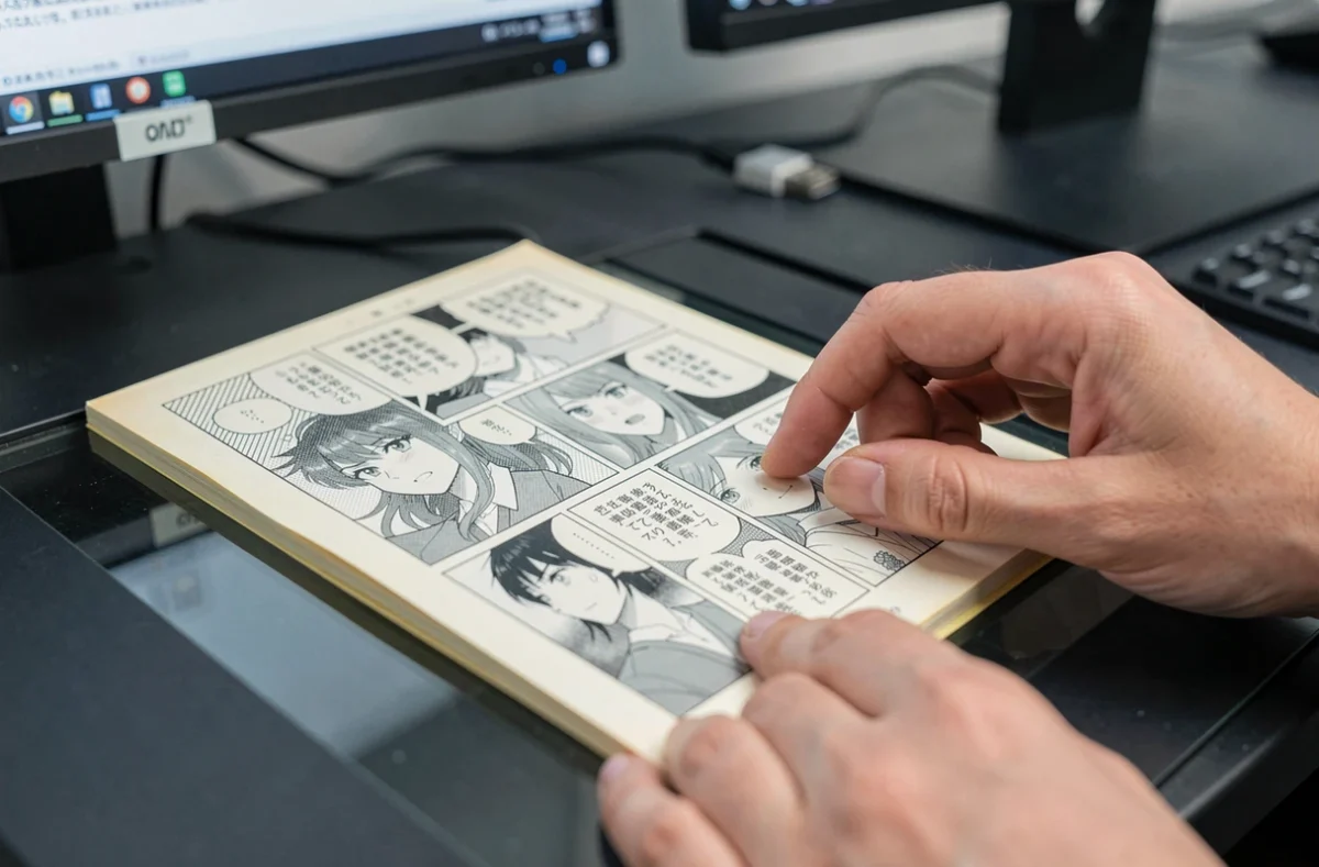 Gros plan de mains positionnant soigneusement une page de manga One Piece sous la vitre d'un scanner de bureau