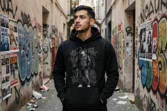 Rappeur marseillais en sweat noir dans une ruelle urbaine couverte de graffitis, évoquant l'univers et les influences de SCH