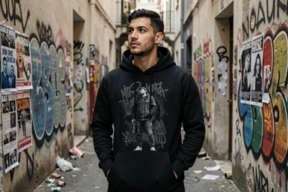 Rappeur marseillais en sweat noir dans une ruelle urbaine couverte de graffitis, évoquant l'univers et les influences de SCH
