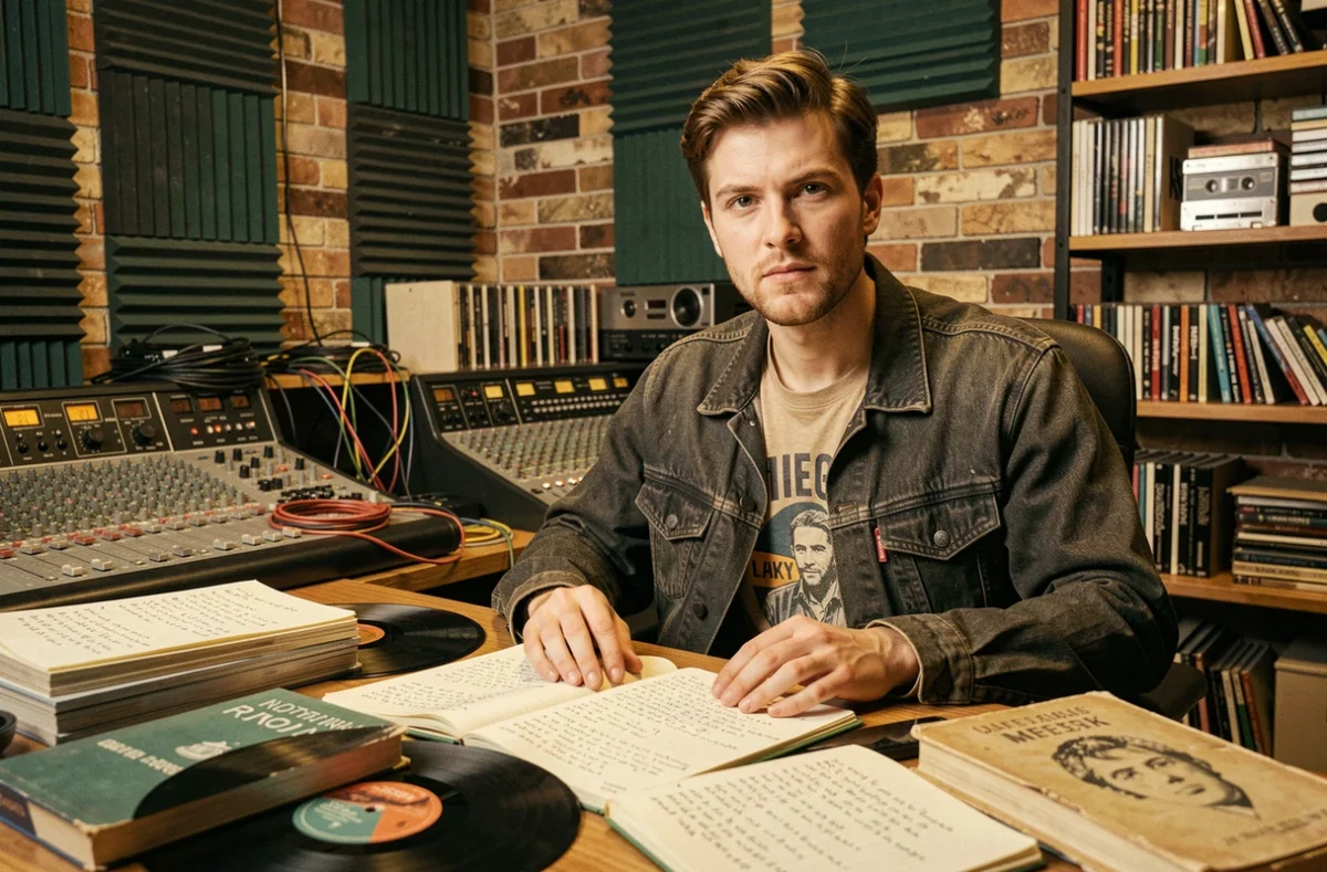 Producteur de musique rap dans un studio d'enregistrement vintage entouré de vinyles et de cahiers de paroles, symbolisant les influences musicales et culturelles de SCH