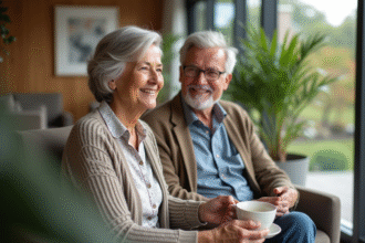 Femme senior souriante discutant avec un ami dans un salon moderne