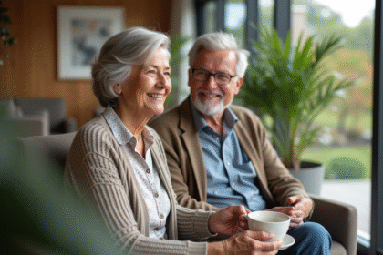 Femme senior souriante discutant avec un ami dans un salon moderne
