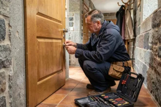 Serrurier professionnel en intervention d'urgence devant une porte en bois dans une maison bretonne en pierre des Côtes-d'Armor