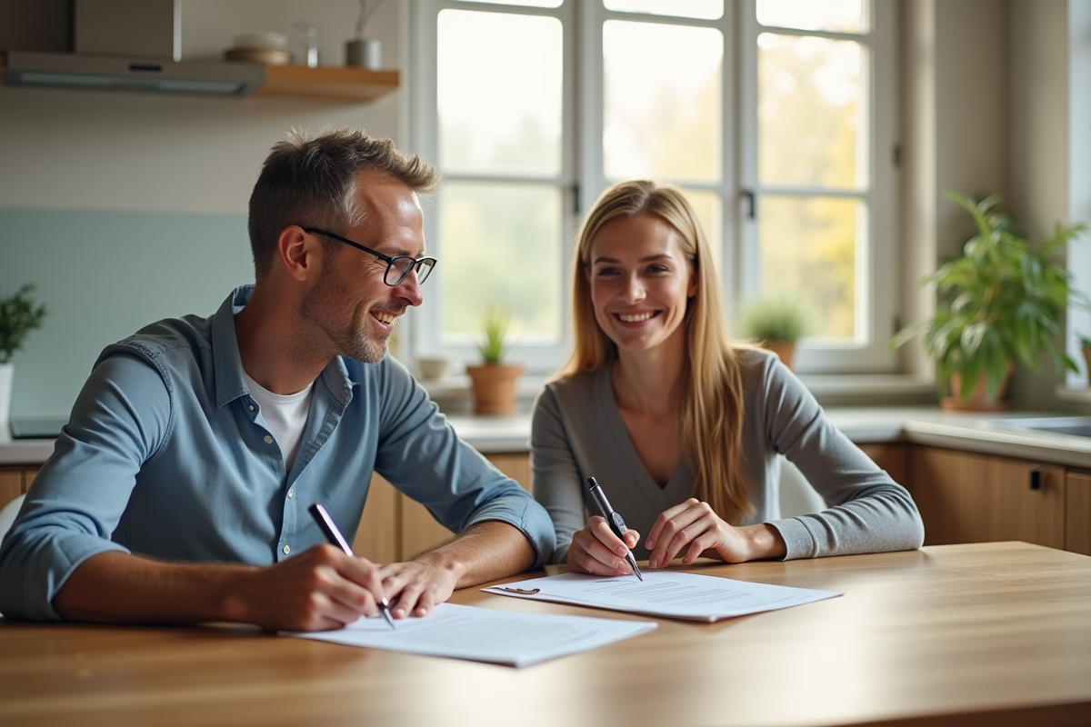 Deux adultes signent un contrat de location à la maison