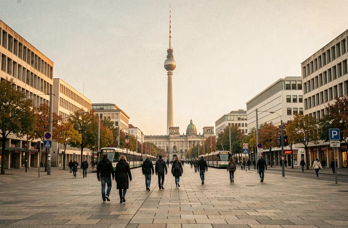 Vue sur la Fernsehturm et la skyline de Berlin depuis la place Alexanderplatz avec passants et architecture urbaine