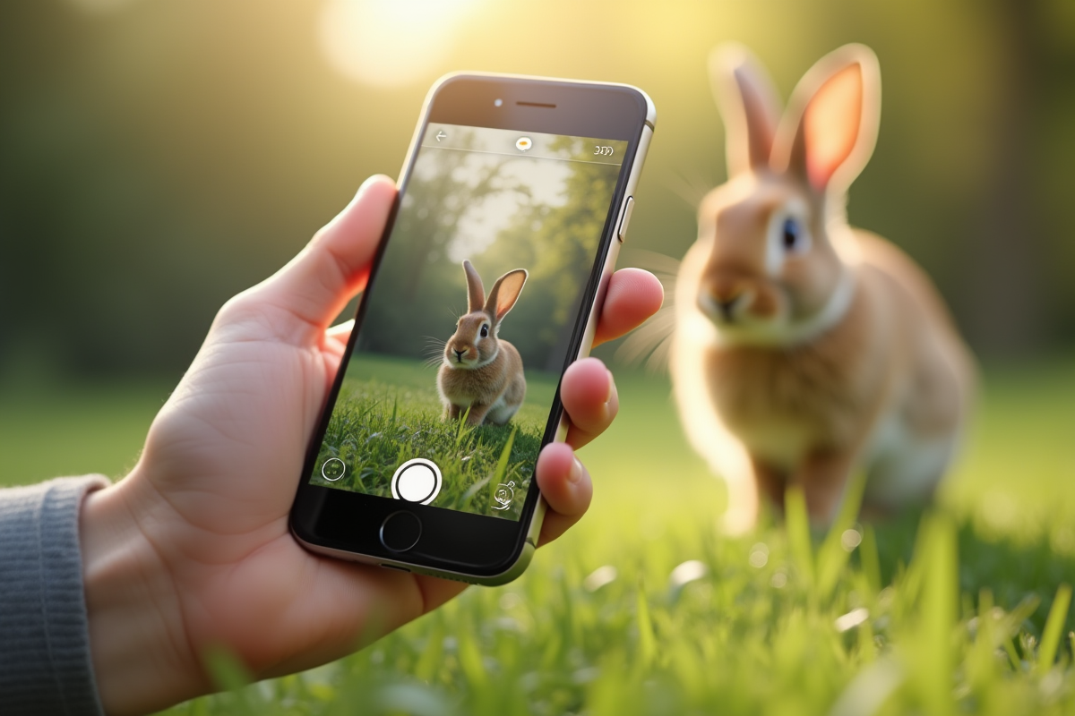 Smartphone avec application de suivi de lapin dans un extérieur lumineux
