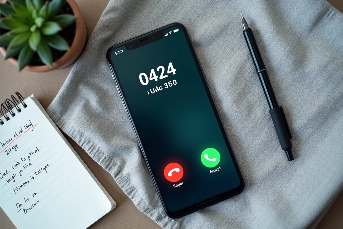 Vue aérienne d'un smartphone affichant un appel entrant d'un numéro inconnu 0424 posé sur une surface en lin gris avec un carnet de notes