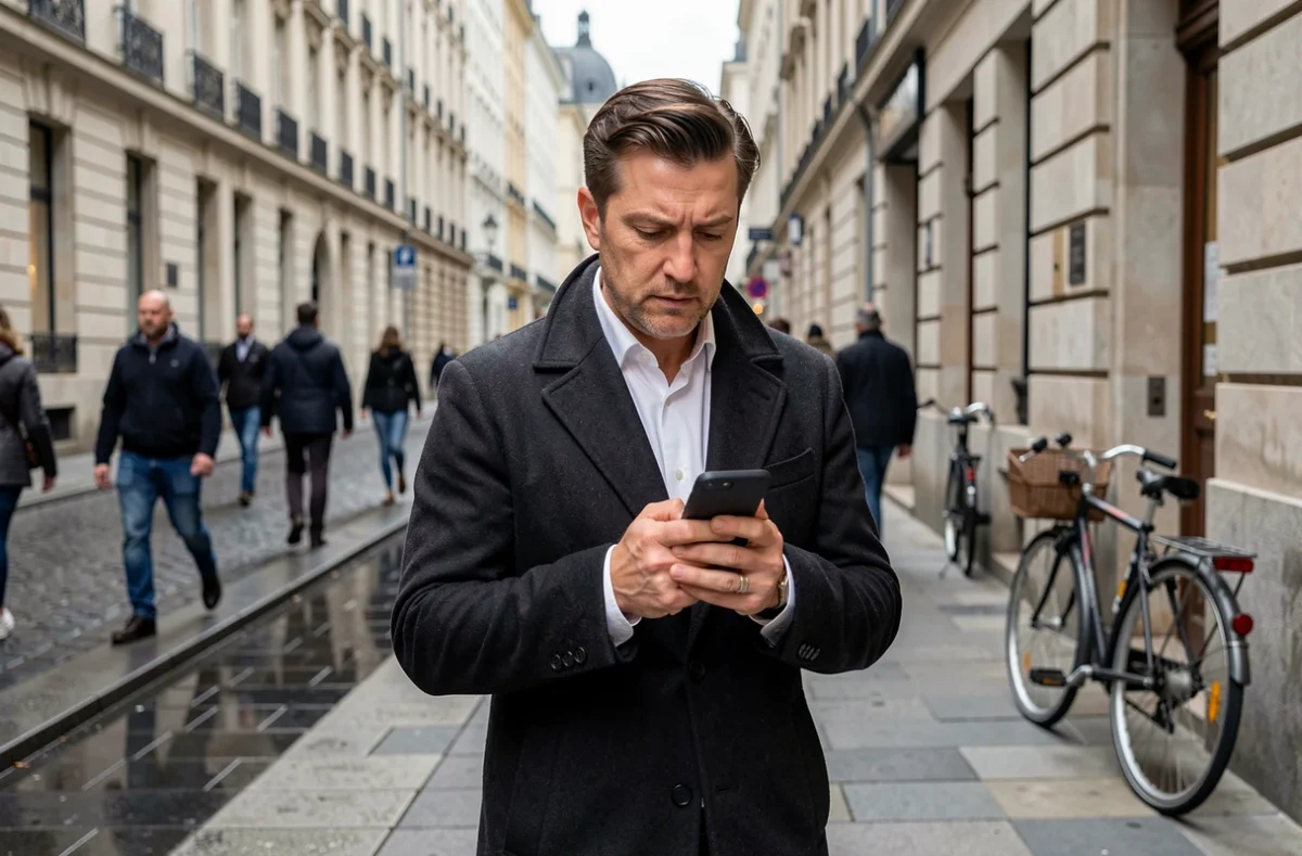 Homme dans la rue utilisant son téléphone pour envoyer un message anonyme en toute discrétion