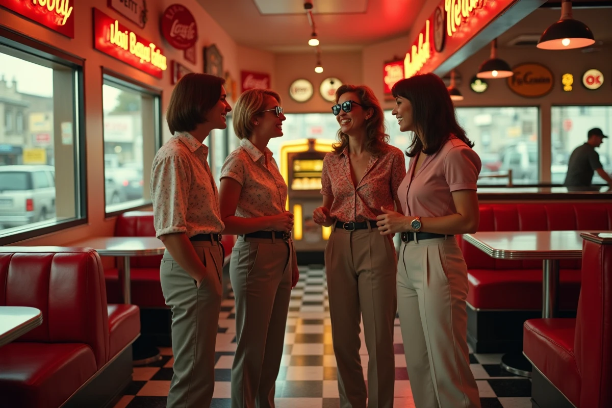 Groupe d'amis en tenues rétro années 70 et 80 autour d'un jukebox vintage dans un diner américain nostalgique
