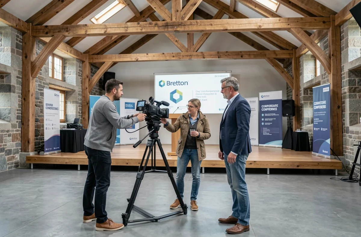 Équipe de production vidéo événementielle installant du matériel de tournage dans une salle de conférence bretonne
