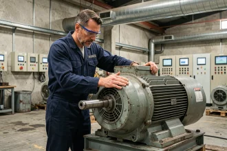 Technicien industriel inspectant un moteur synchrone sur un châssis métallique dans une usine d'automatisme