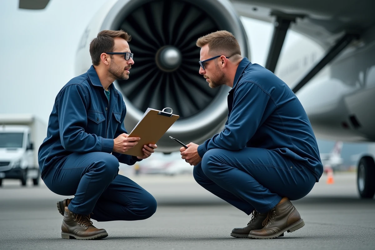 Technicien de maintenance aéronautique inspectant l'arrière d'un réacteur CFM56 sur le tarmac d'un aéroport