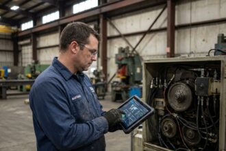 Technicien de maintenance industrielle utilisant une tablette numérique pour gérer des tâches décentralisées dans une usine de production