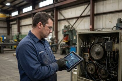 Technicien de maintenance industrielle utilisant une tablette numérique pour gérer des tâches décentralisées dans une usine de production