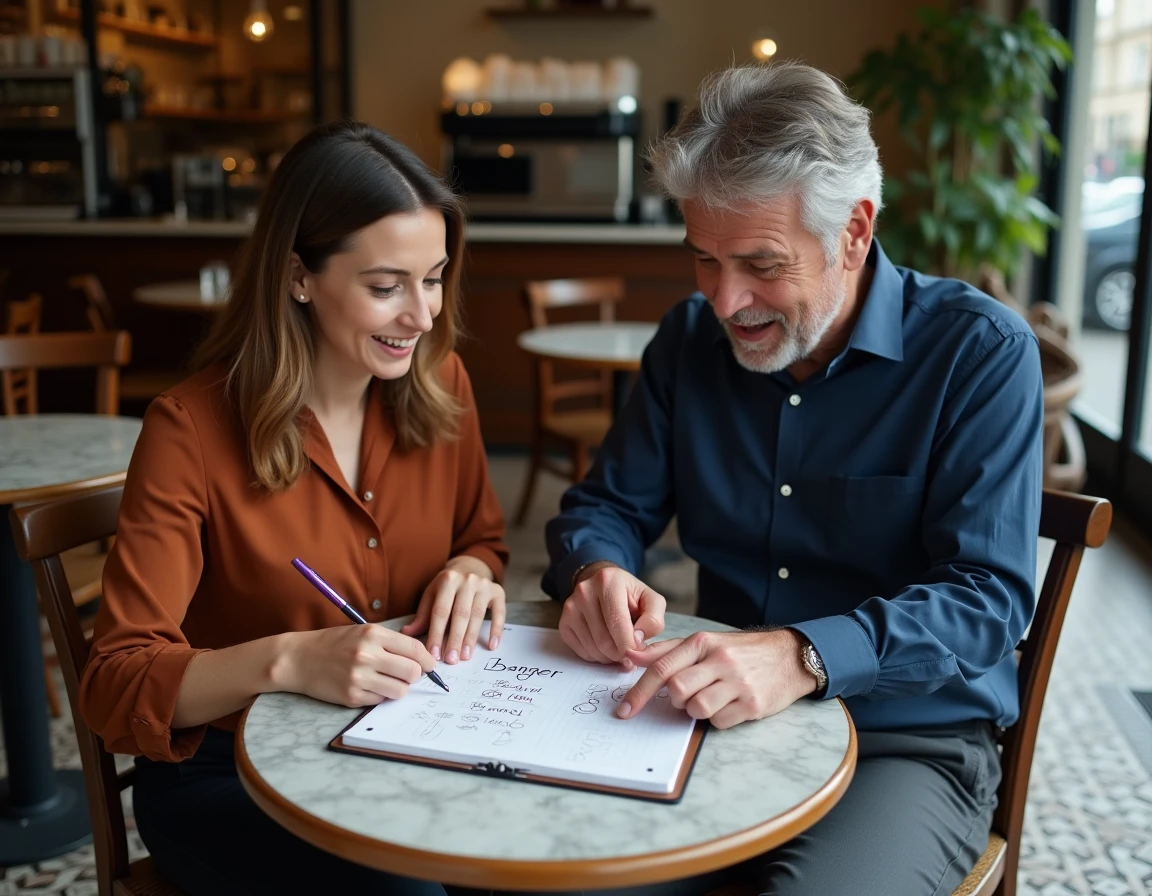 Deux traducteurs discutant de la traduction du mot banger dans un café parisien avec un carnet annoté posé sur la table
