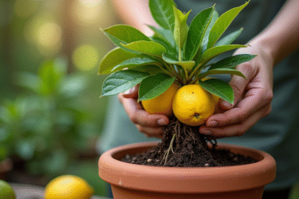 Personne repotant un citronnier extérieur avec des citrons jaunes