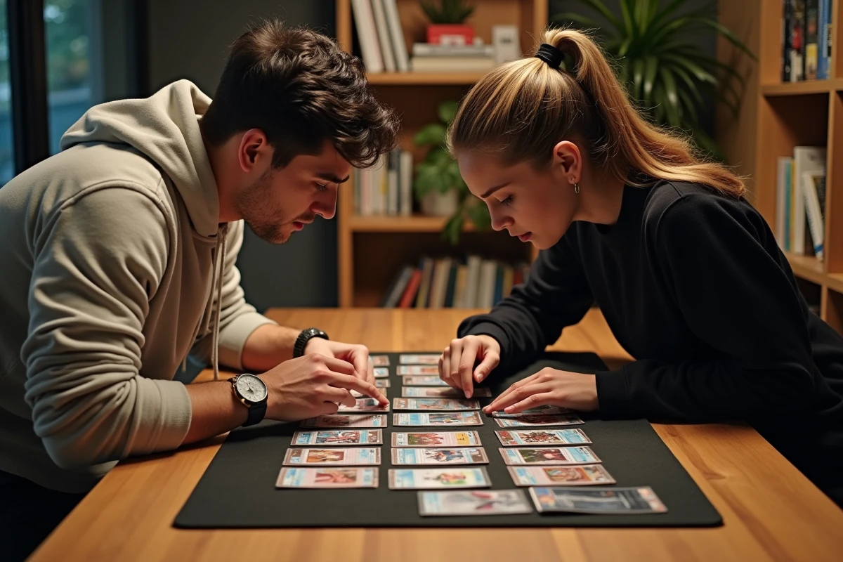 Deux collectionneurs comparant et triant des cartes Étincelles Déferlantes sur un tapis de jeu avant de les grader