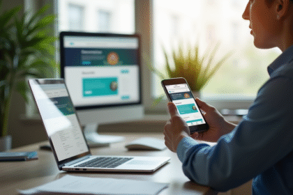 Personne utilisant ordinateur et smartphone pour banque en ligne