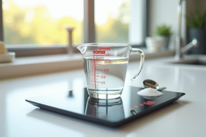 Verre d'eau de 250 ml sur une balance numérique moderne