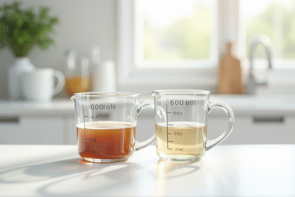 Verre mesureur de 600 ml sur plan de cuisine lumineux