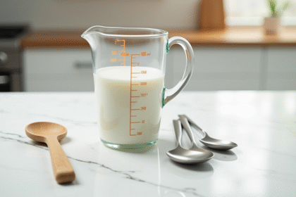 Verre mesureur avec 100 ml de lait sur marbre naturel