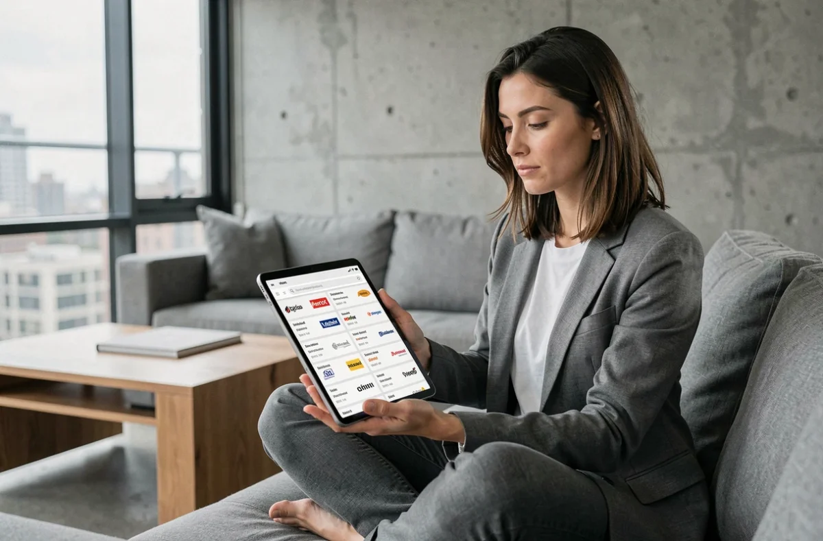 Femme consultant les résultats de recherche sur une tablette montrant la visibilité de dfendr sur internet