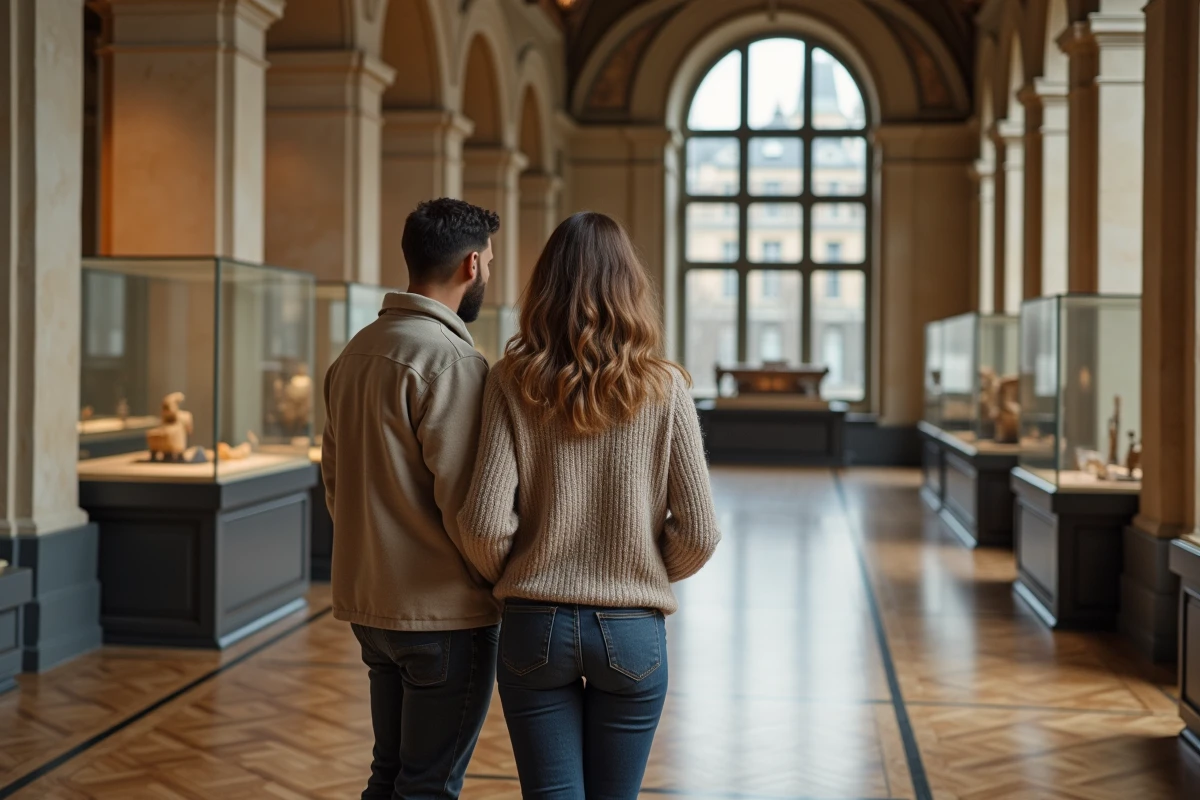 Couple lisant un panneau d'exposition dans une salle de musée historique à Lyon