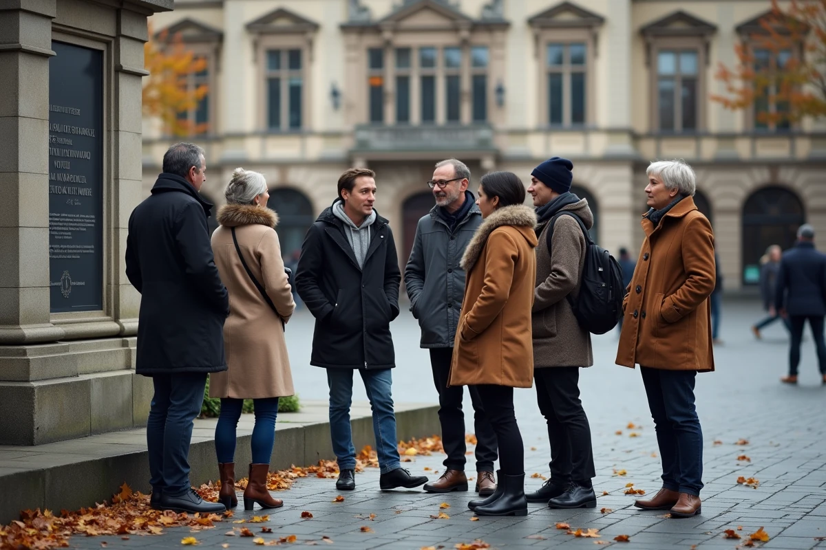 Groupe de visiteurs découvrant l'histoire de La Strasbourgeoise sur une place historique de Strasbourg en automne
