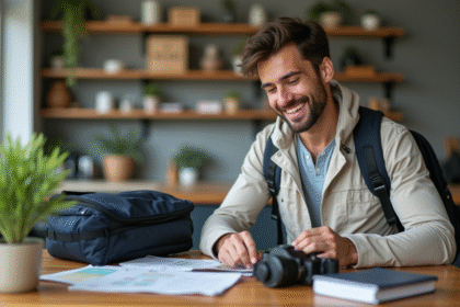 Voyageur souriant préparant un kit médical et documents de voyage