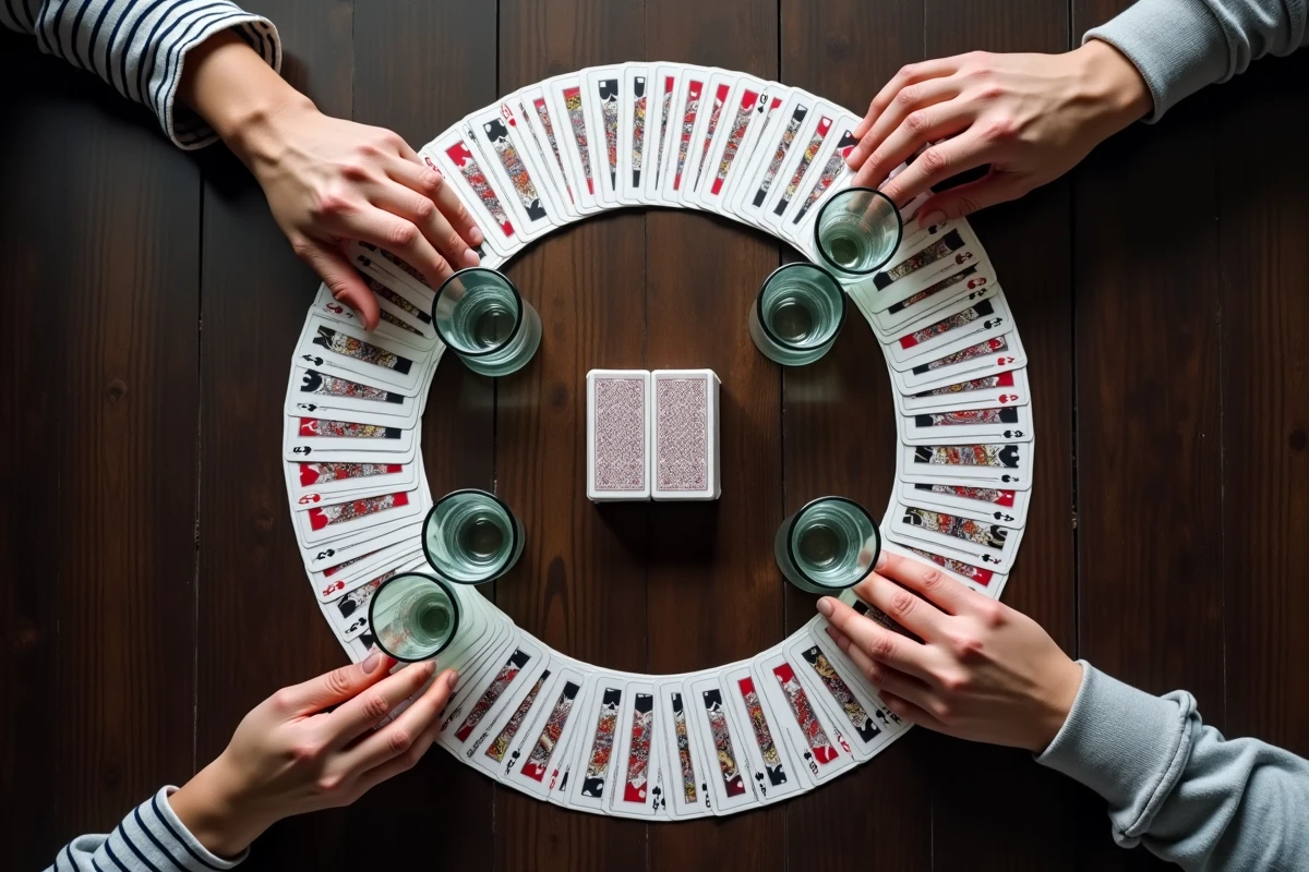 Vue de dessus d'un jeu de cartes disposées en cercle sur une table en bois avec des verres au centre illustrant les règles du jeu du cercle