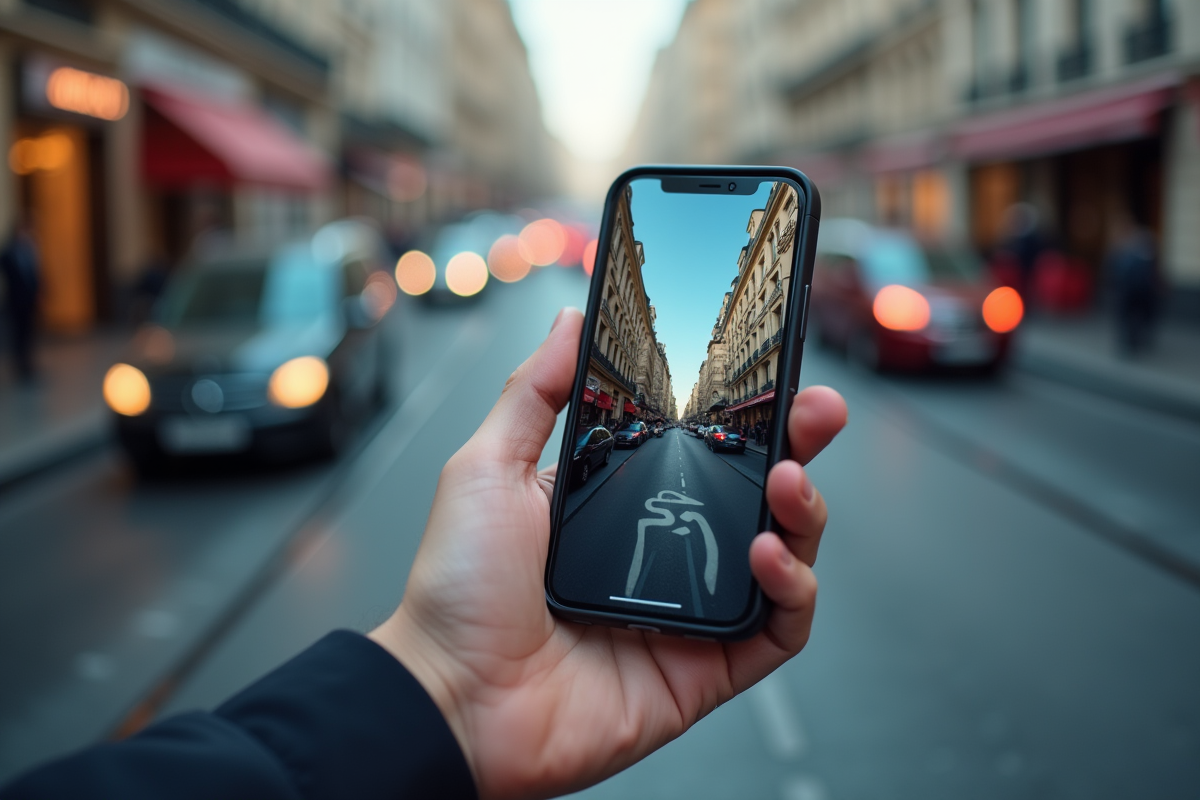 Main tenant un smartphone affichant une application de service urbain à Paris
